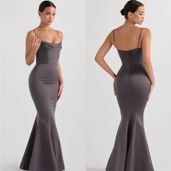 NWT House of CB 'Violette' Shadow Grey Satin Fishtail Maxi Gown XS